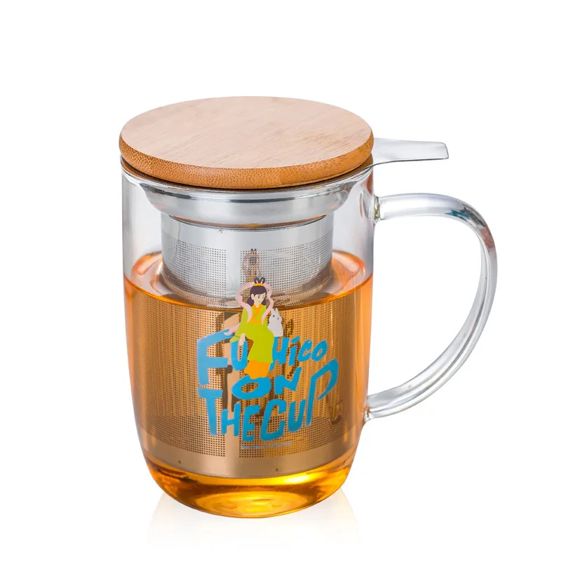 Promotional Christmas Gift Tea Infuser Cup Borosilicate Tea Glass Mug Cup With Stainless Steel Tea Infuser and Wooden Lid
