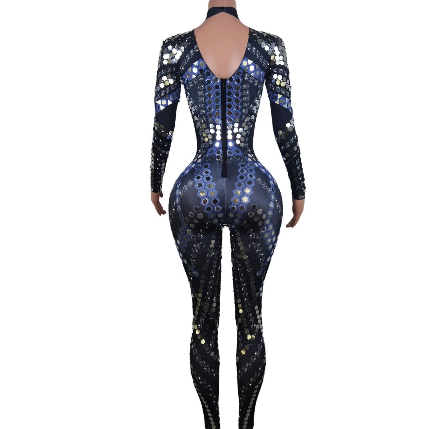 Sexy Long Sleeves Stretch Sequin Stage Performance Rompers Dancer Costume Slim Fit One Piece Bodysuit Women Rhinestone Jumpsuit