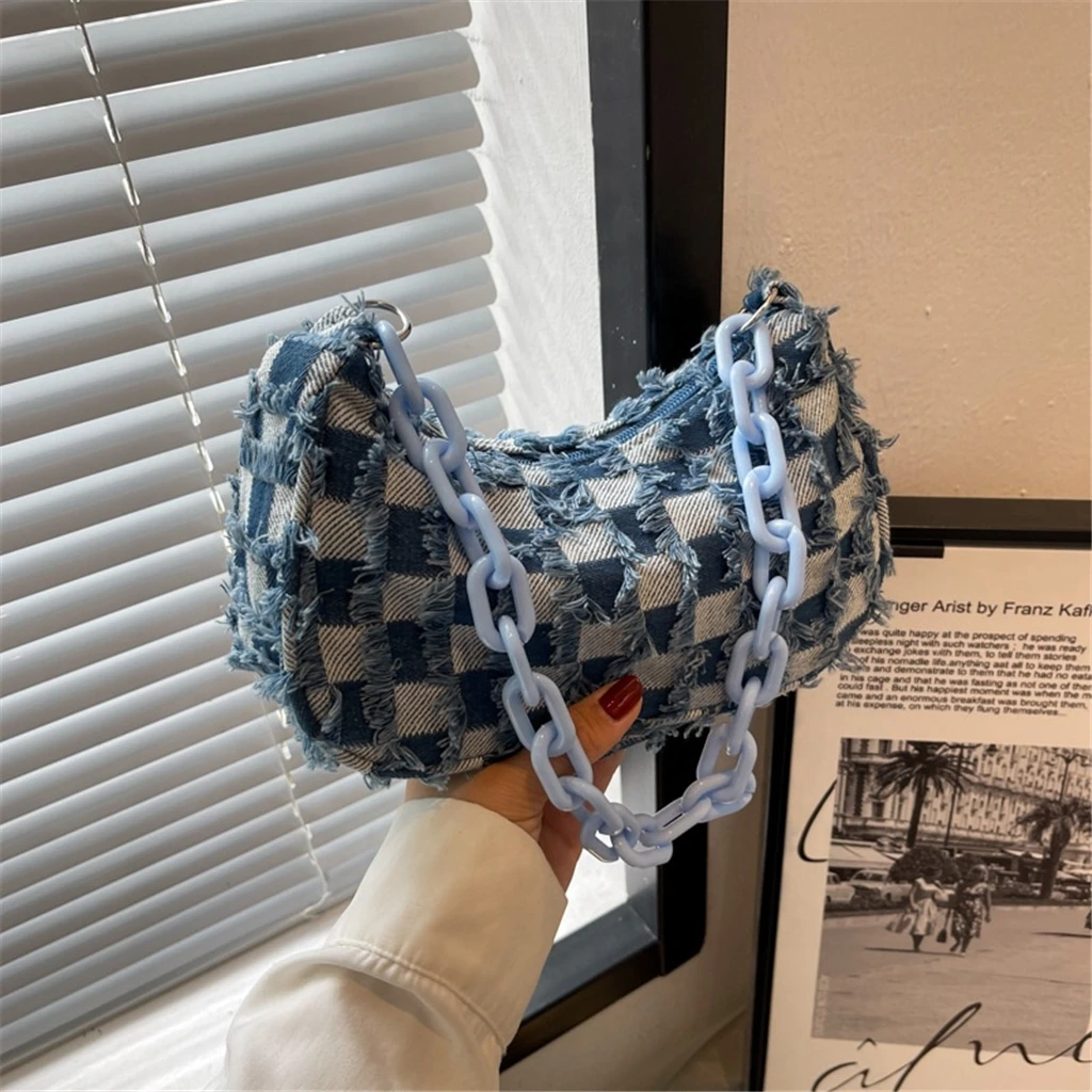 ZHE ZHE Denim Slipper And Puerse Set Women Handbag Plaid Shoulder Bags Chunky Platform Heels For Ladies Slippers For Women