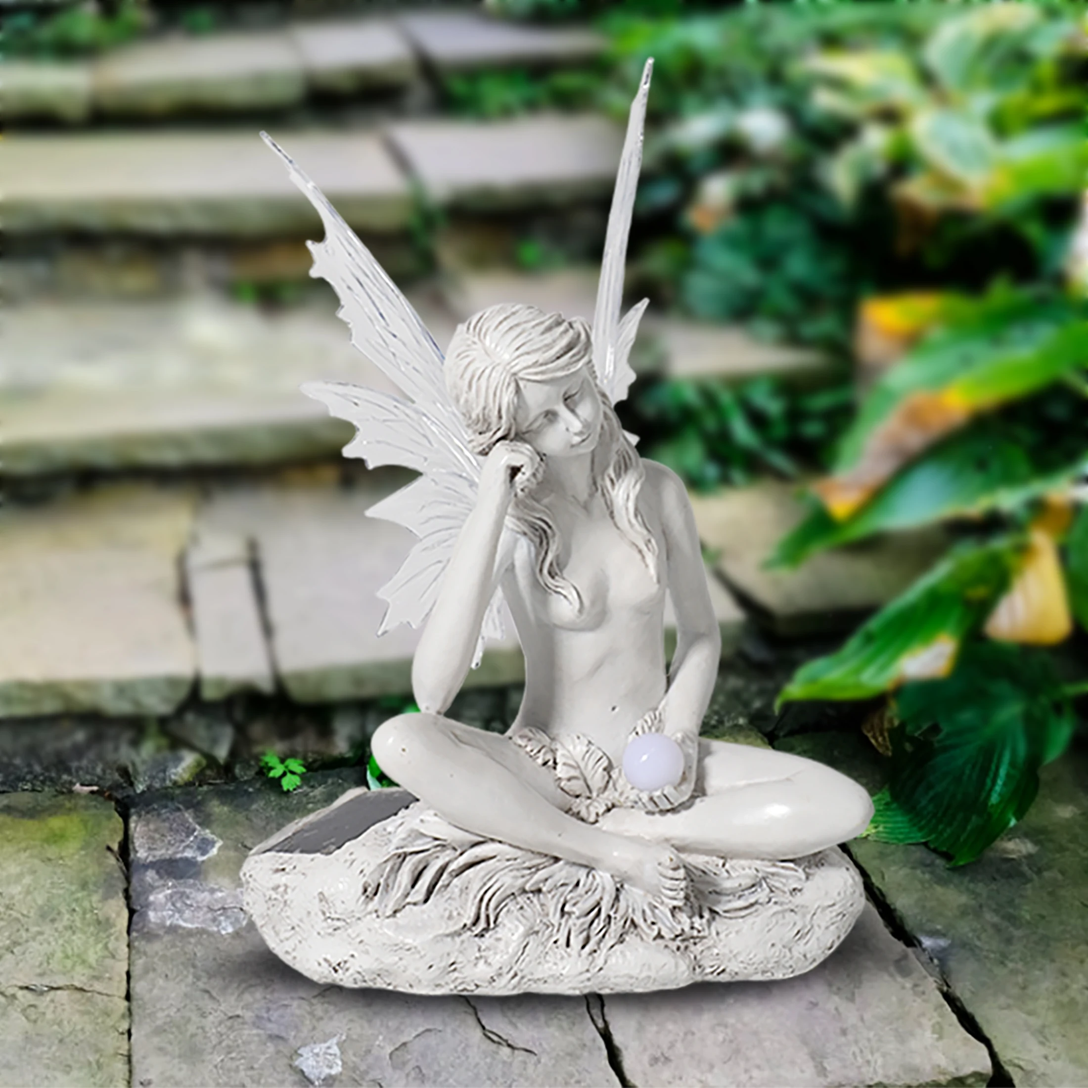 In stock Enchanting Solar Powered Fairy Garden Statue With Color Changing Light Resin Angel Figurine For Outdoor Garden Decor