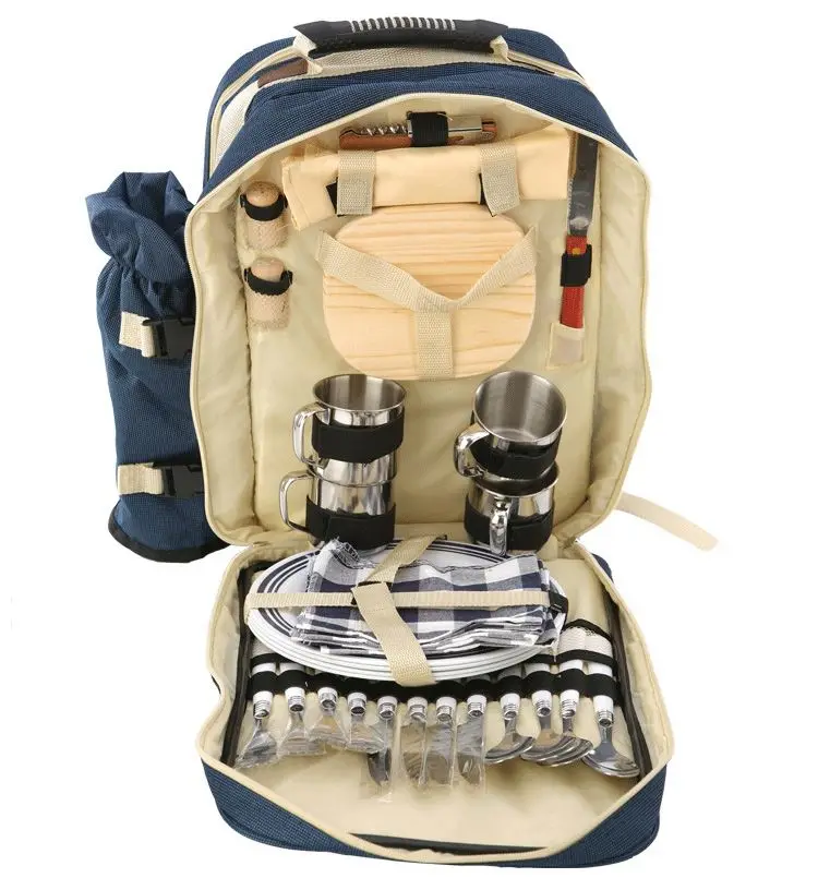 Outdoor Picnic Backpack Bag For 4 Person With Detachable Bottle/Wine Holder Fleece Blanket