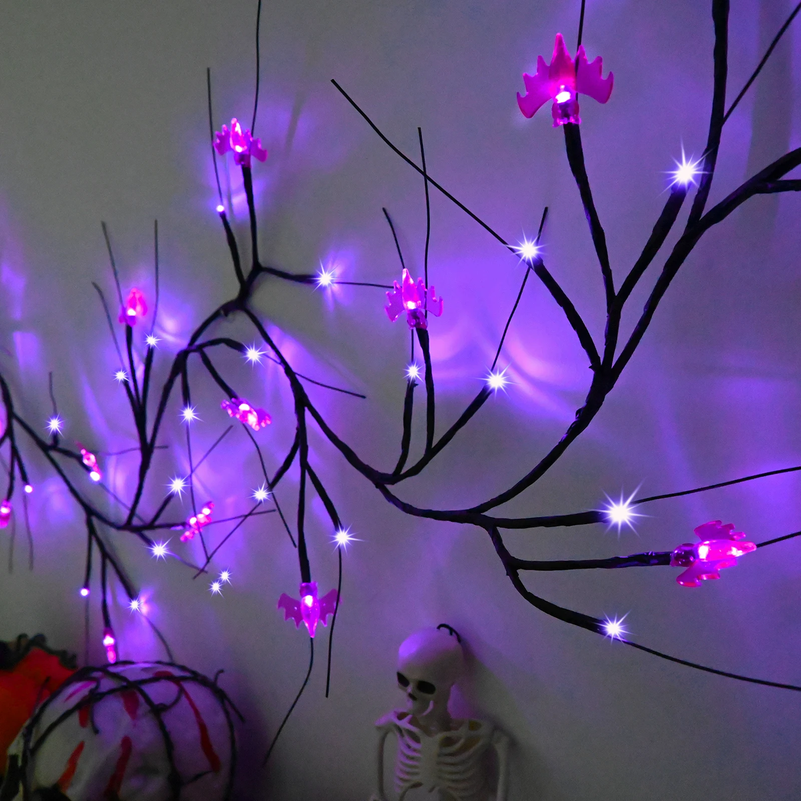 Декоративные светильники для Хэллоуина из ивовой лозы, 6,5 футов 54 светодиодов с таймером, батарейкой, 18 светодиодных летучих мышей и 36 фиолетовых ламп, настенное освещение