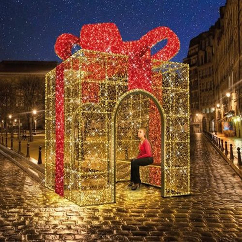 christmas art decoration luxury led 3d gift box sculpture iron metal frame for yard decoration