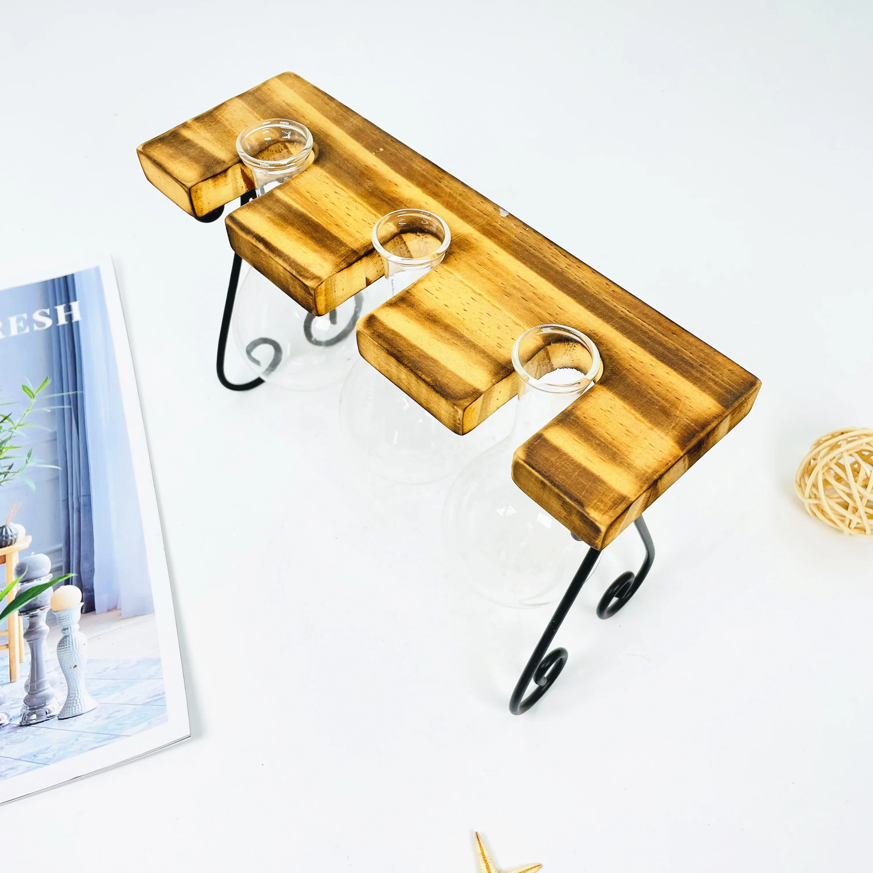 handmade glass hydroponic bottle with Wooden and metal legs for home decoration glass hydroponic vase