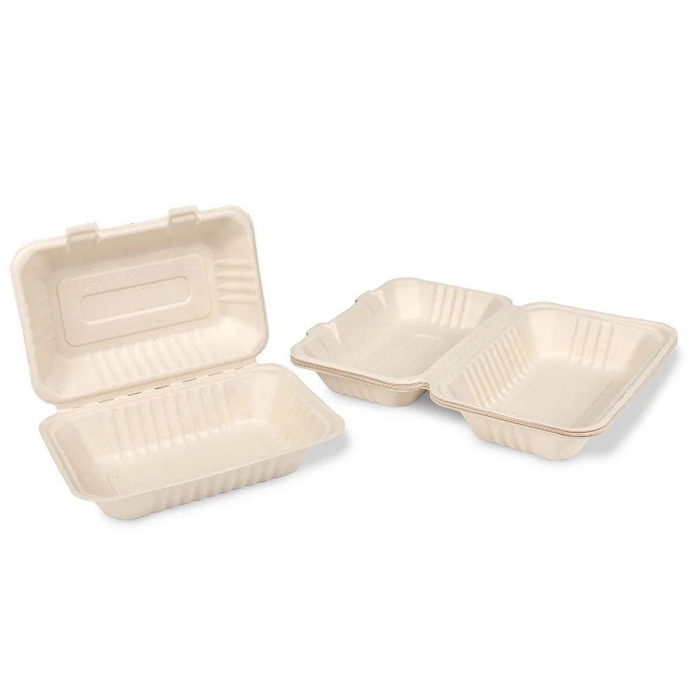 9 Inch Clamshell Box Biodegradable Bagasse Clamshell Salad Bento Box Compostable Clamshell Take Out Food Containers