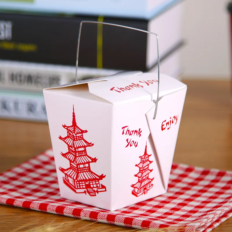 Custom Printed Disposable Waterproof and oil-proof White cardboard Square bottom Pasta Box Noodle Box Takeaway Box With Handle