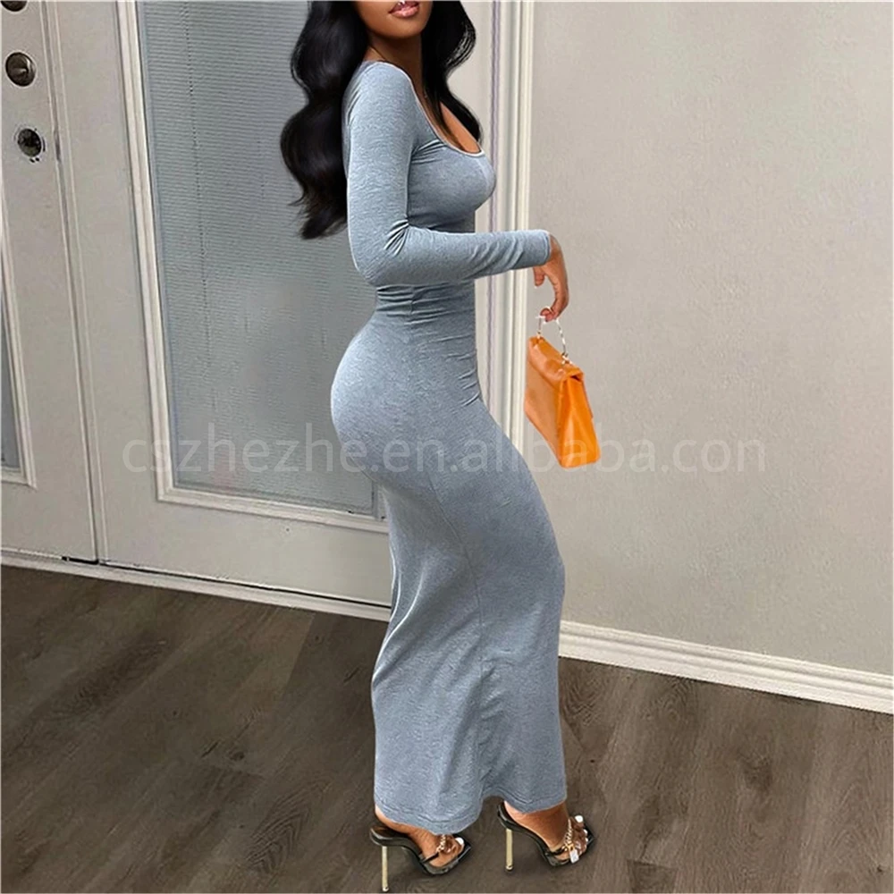 ZHEZHE Women Long Dresses with Long Sleeve Ribbed Square Neck Dress Autumn Party Club Xs Bodycon Dress