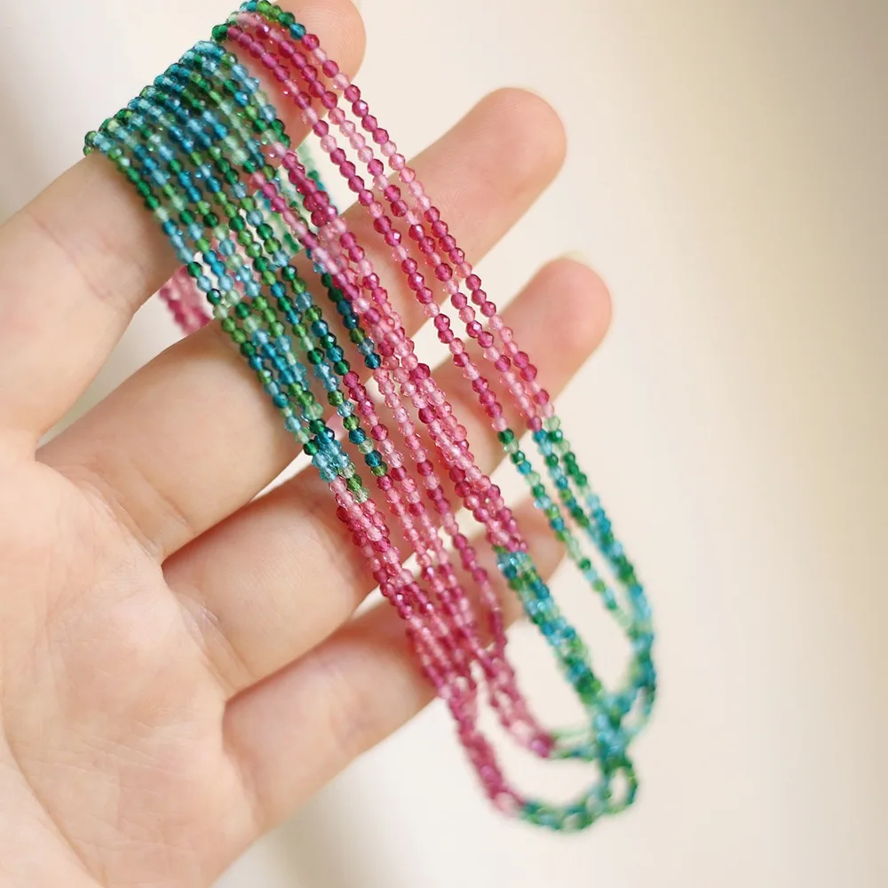 Summer Crystal Jewelry Elegant Pink Green Tourmaline Stainless Steel Accessories Multi Layer Beads Choker Necklace for Women