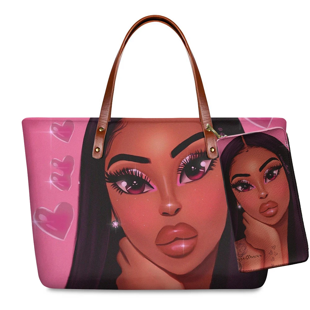 
2 pieces set women hand bags melanin Poppin cartoon girls drawing purses for women 2021 stylish pu handbag designer tote bags 