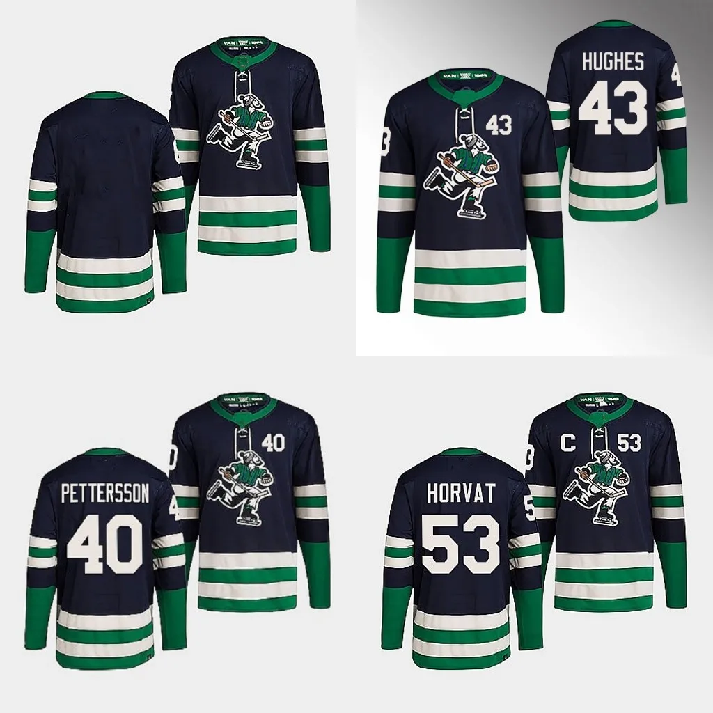 Vancouver 2022-23 Reverse Retro Jersey Canucks 40 Elias Pettersson 53 Bo Horvat 43 Quinn Hughes Blank hockey jersey