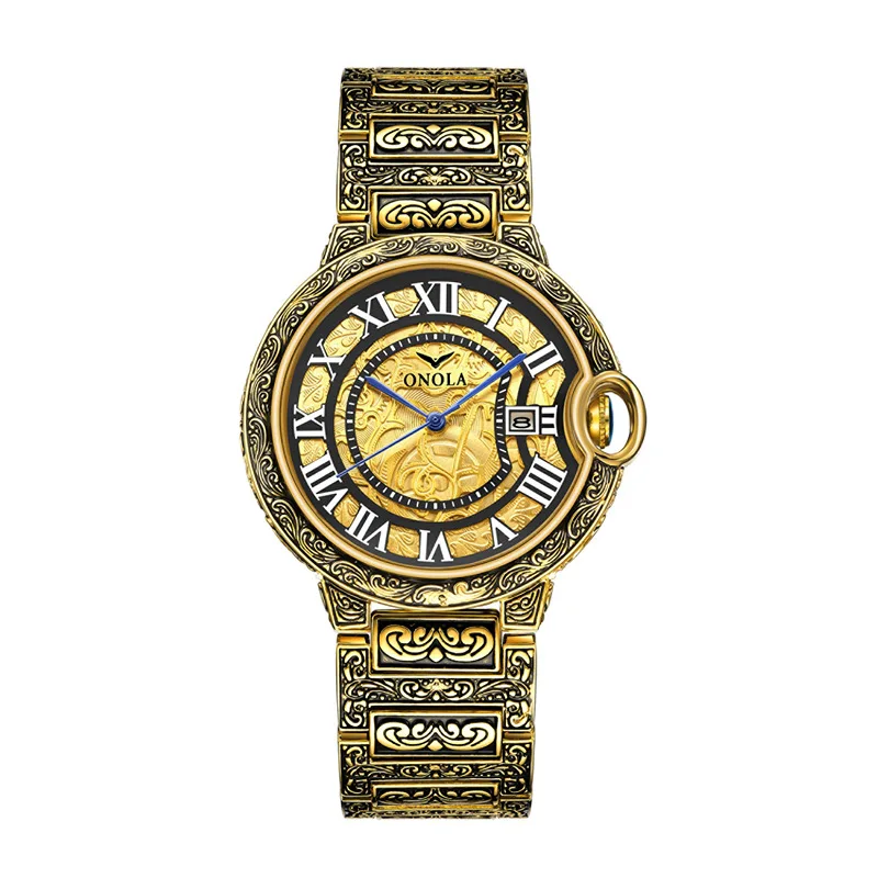 ONOLA 3813 Unique Men Quartz Golden Men Watch Stainless Steel Waterproof Stylish Watch Character Business Watches