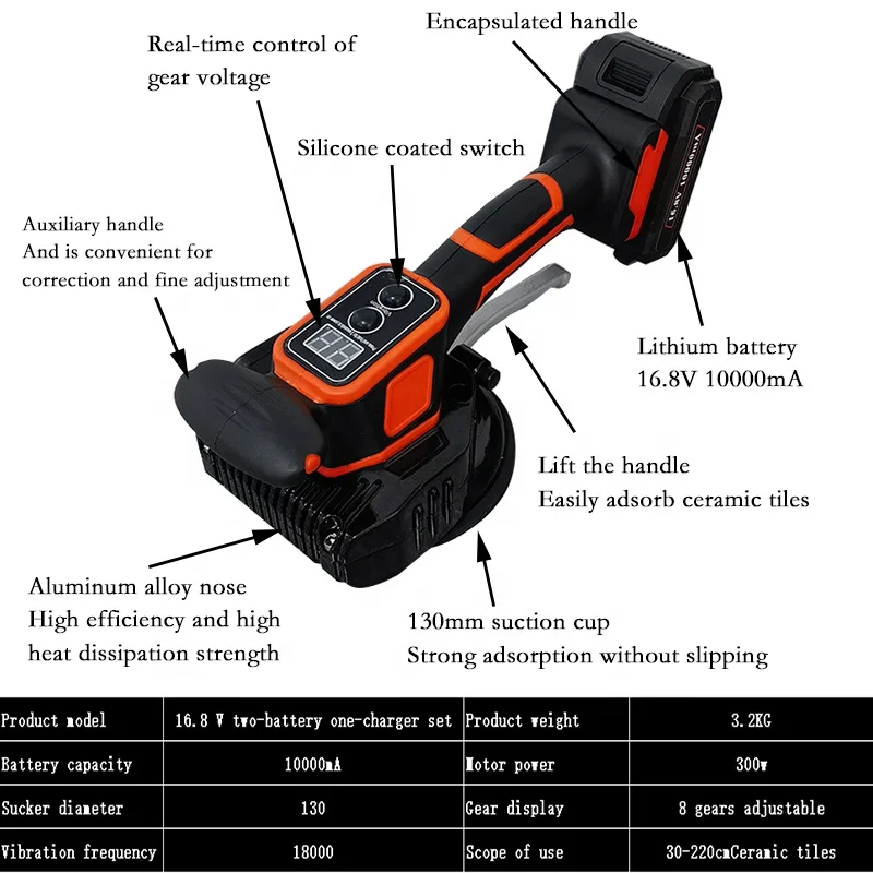 Tile laying machine, 8 Gears, 21V 13000mA, Hand-held Tile Tiler Tool, Upgrade Digital Display Tile Vibration Machine