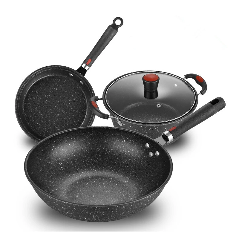 Thicken Medical Stone 4 pcs Fine Iron Non-stick Cookware Deep Frying Pan Set With Marble Coating