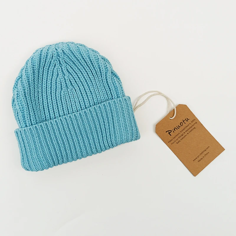Pinuotu Baby Knitted Beanie Blue Custom Soft Kids Unisex Hats Chunky Knit Headwear Plain Newborn Baby Winter Beanies