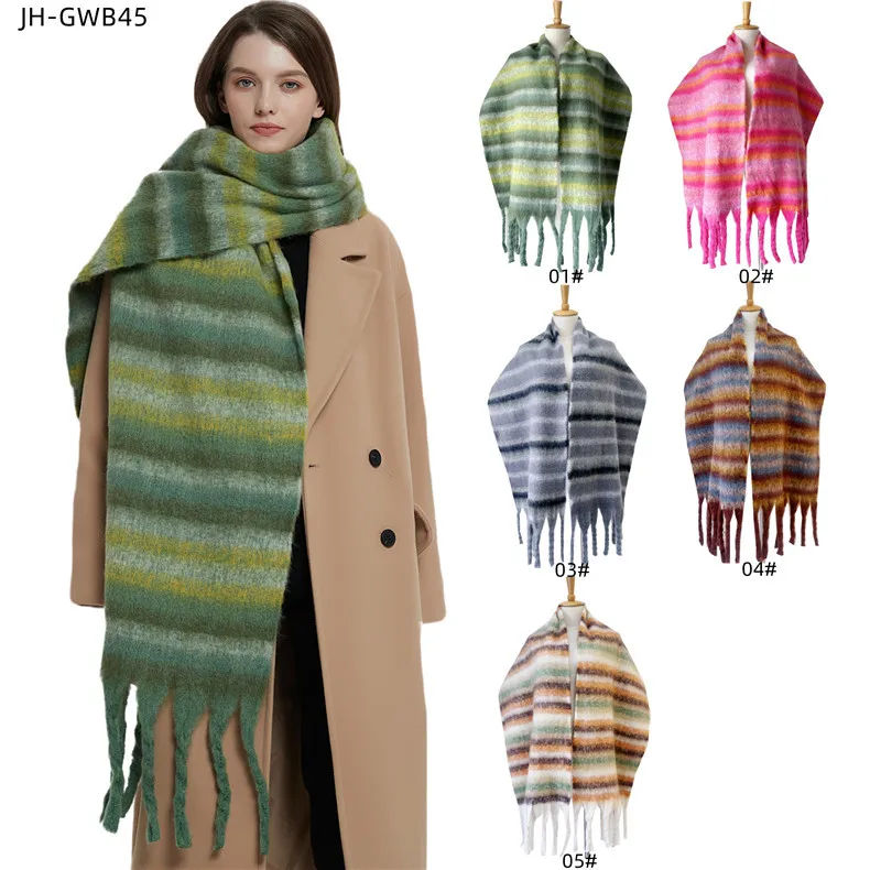 2025 New Winter thickened Scarf For Women Circle Yarn Acrylic Thick Warm Beard Tassel Striped Scarves Shawl