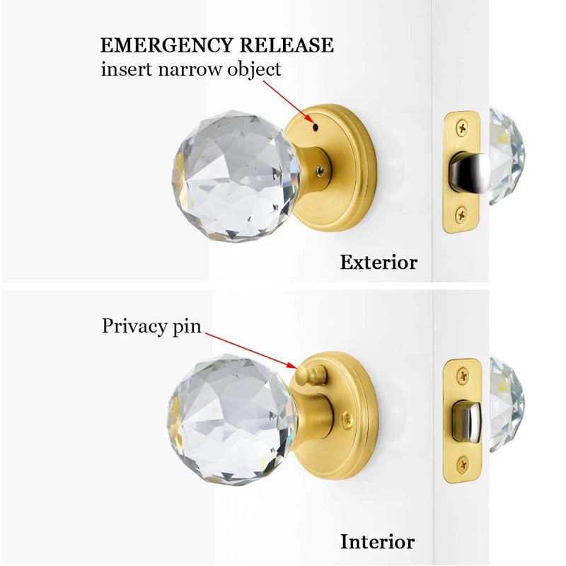 Satin Brass Crystal Glass Door Knobs Interior with Lock Privacy Bathroom Bedroom Gold Door Knobs Door Lock