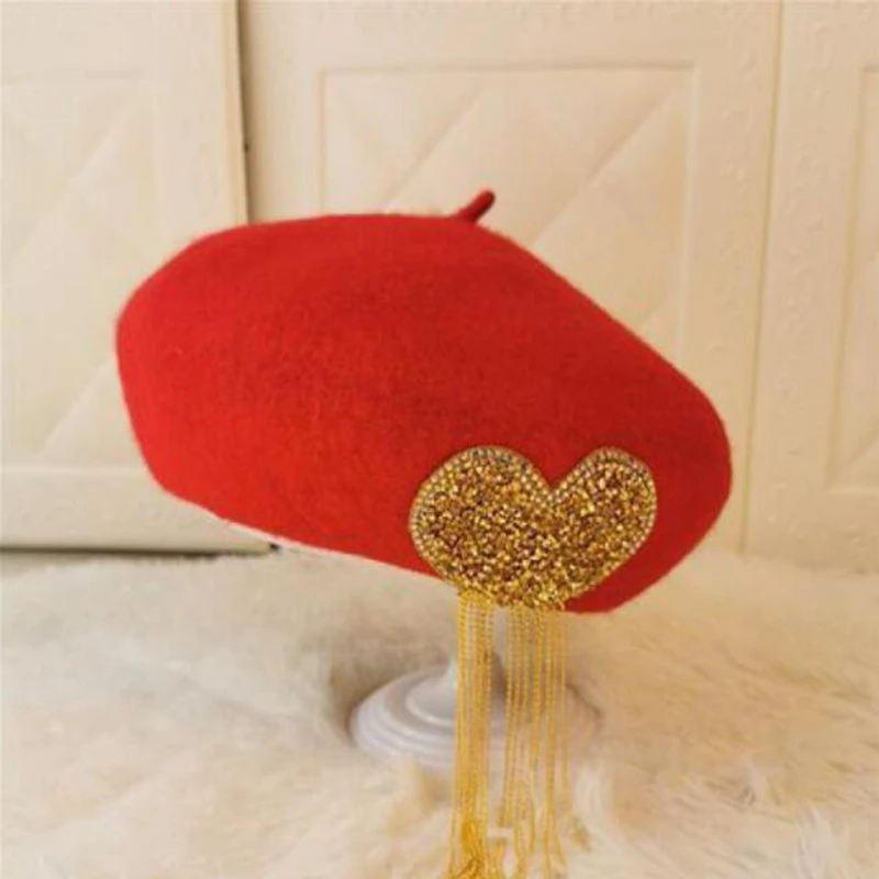 Зимняя шерстяная вязаная шапка из материалов берет шапки модные французские фетровые с кисточками и сердечками милый