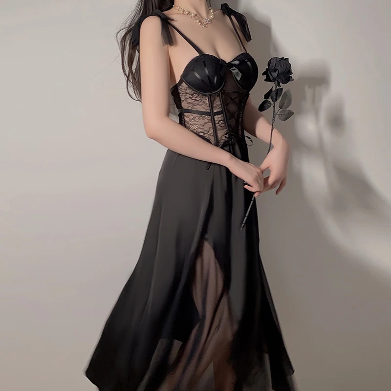 European and American sleepwear lace mesh underwire chest pad long nightgown women home wear suit P4264