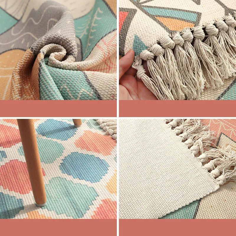 Tassels Woven Cotton Area Rug Washable Reversible Moroccan Accent Tribal Decorative Throw Floor Carpet Area Rugs for Entryway
