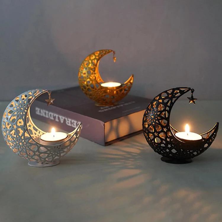 Eid Mubarak Moon Shape Candlestick Middle East Festival Decorative Arab Metal Crafts Candle Holder Ramadan Wind Lantern