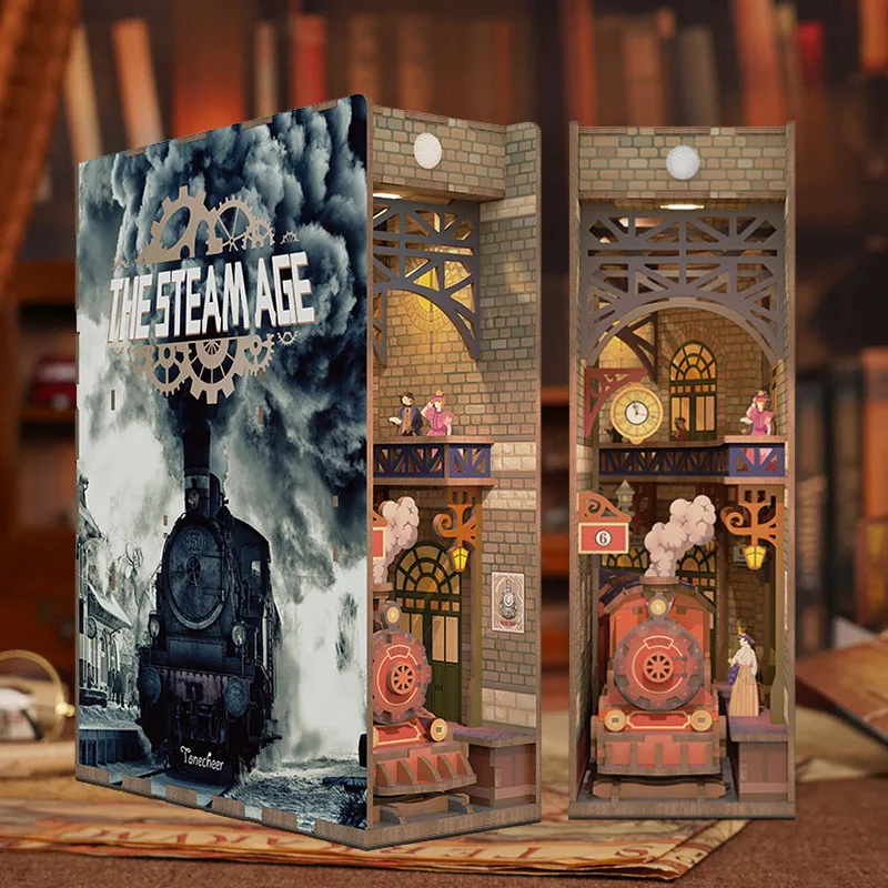 Tonecheer The Steam Age Assemble Toys Bookends 3D Wooden  Miniature House Book Nook