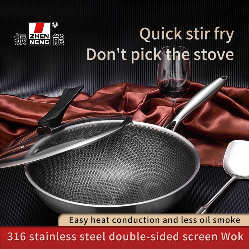 Hot sale stainless steel wok pan non-stick frying pan honeycomb coating woks with visible glass handle