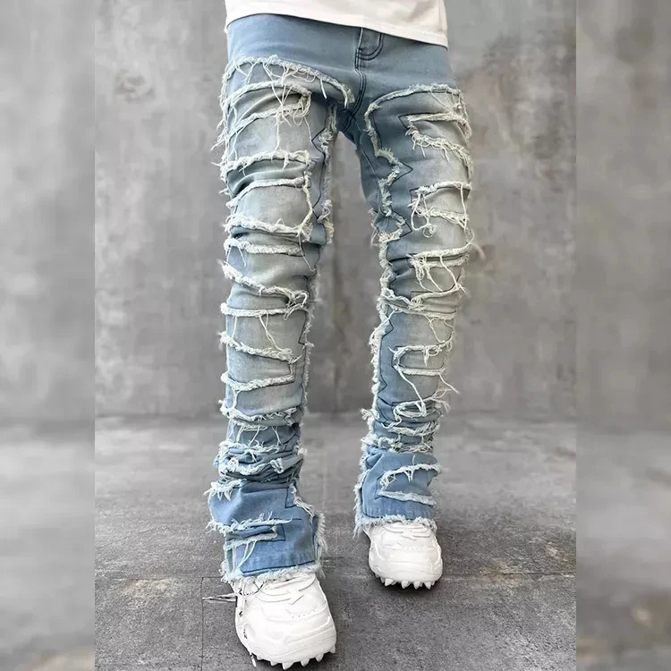 Slim Fit Designer Patch Stretch Stacked Jeans Men Manufacturers Custom Logo Blue Skinny Flared Men Distressed Denim Men Jeans