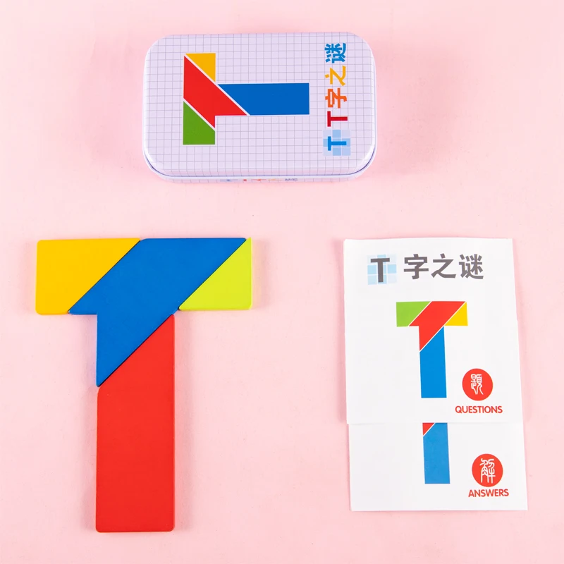 Tangram Puzzle with Tin Box Kids Jigsaw Puzzle Children Educational Toy Puzzle Games Play Hand-eye Coordination Ability Wooden