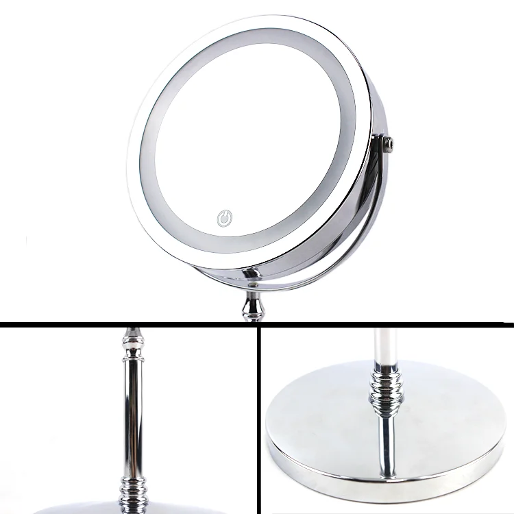 Round Chrome Double Sides Magnifying Desktop LED Cosmetic Mirror Modern Makeup Mirror With LED Light