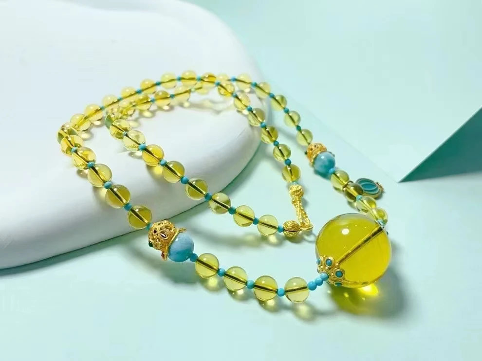 MEDBOO Fine Jewelry Factory Real Romantic 6mm Polished Round Smooth DIY Natural Crystal Blue Amber Bead Pendant Jewellery