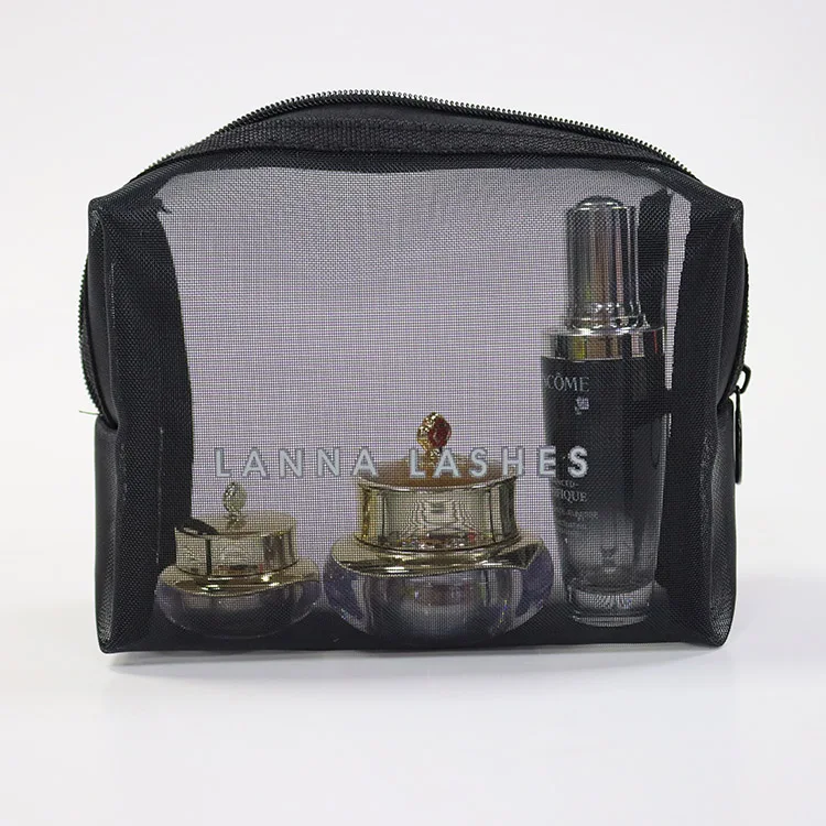 Оптовая продажа, многоразовая черная нейлоновая косметичка на молнии с логотипом на заказ