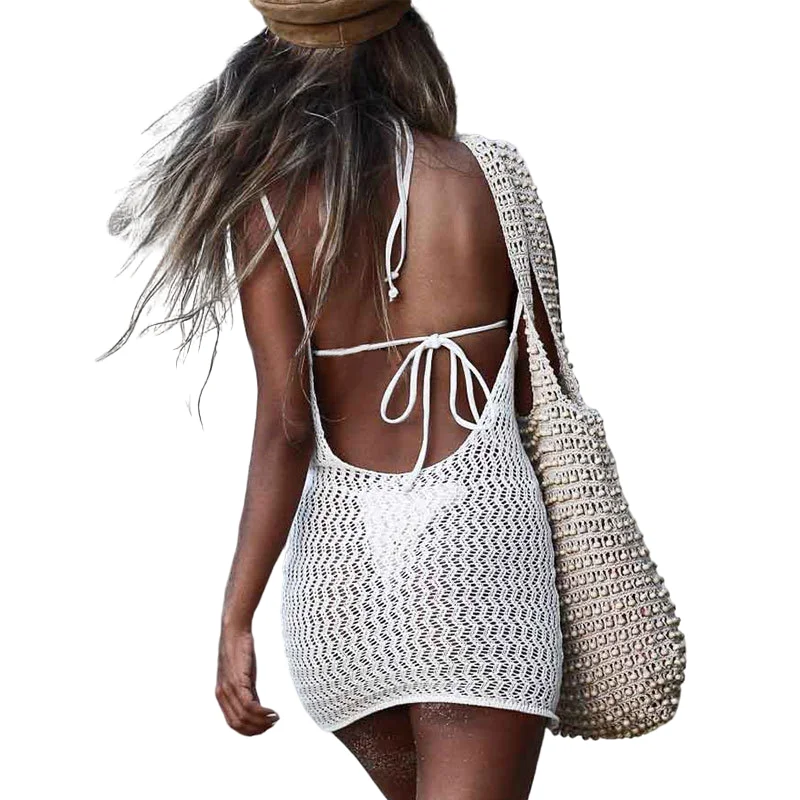 Summer new women knitted hollow backless sexy lace up blouse with short skirt sunscreen sleeveless cover up beach crochet dress