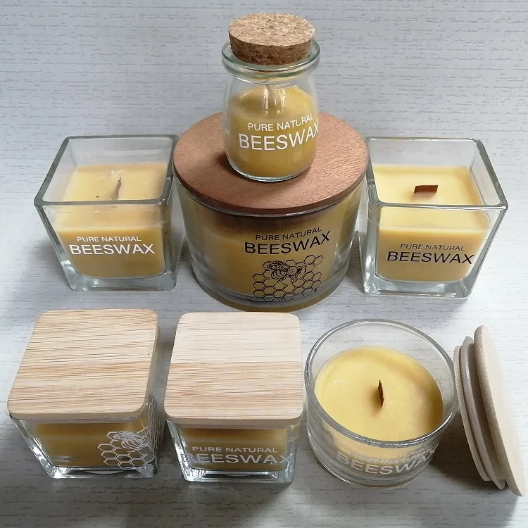 Discount  Natural Beeswax Glass Yellow Candles Scented Candles in glass jar with bamboo lid for Parties for Home Deco