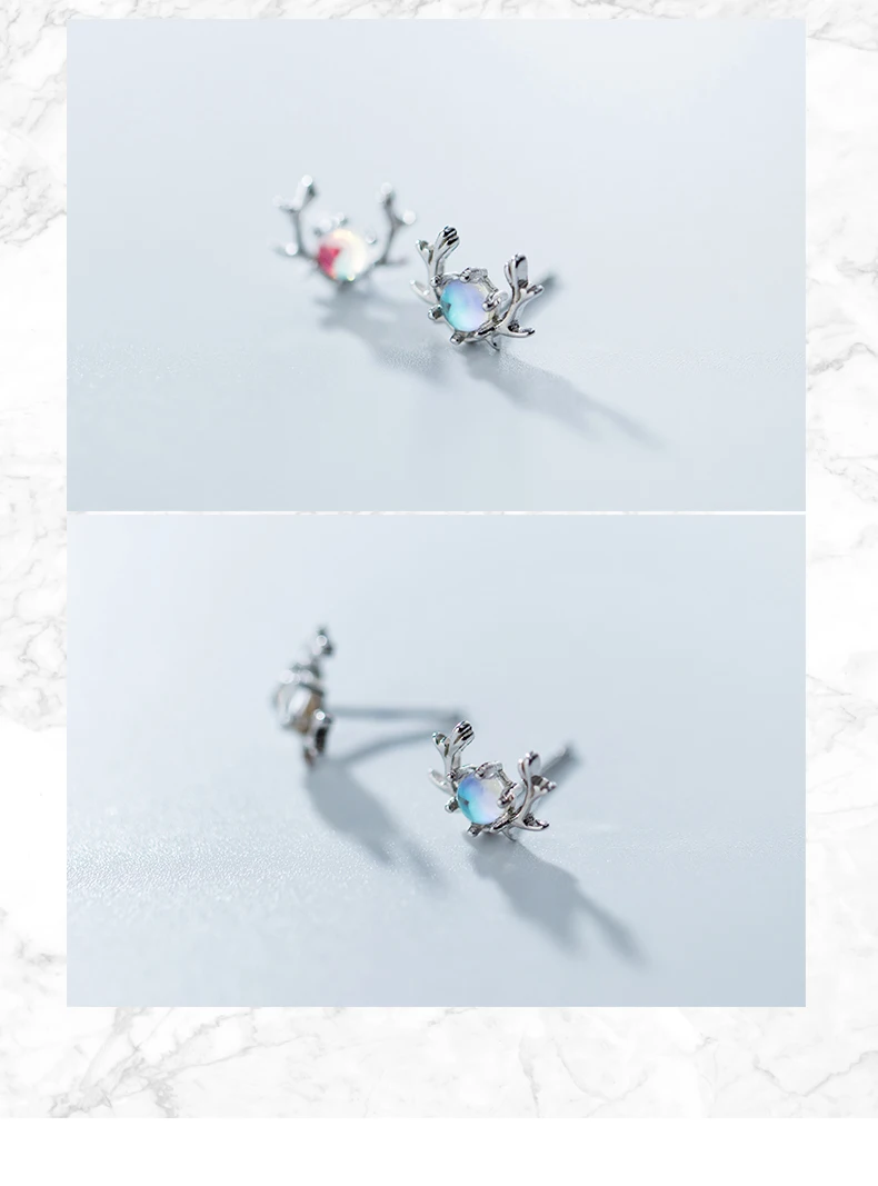 Fine Jewelry Christmas Elk Pattern Synthetic Moonstone Small Antlers 925 Silver Stud Earrings For Women