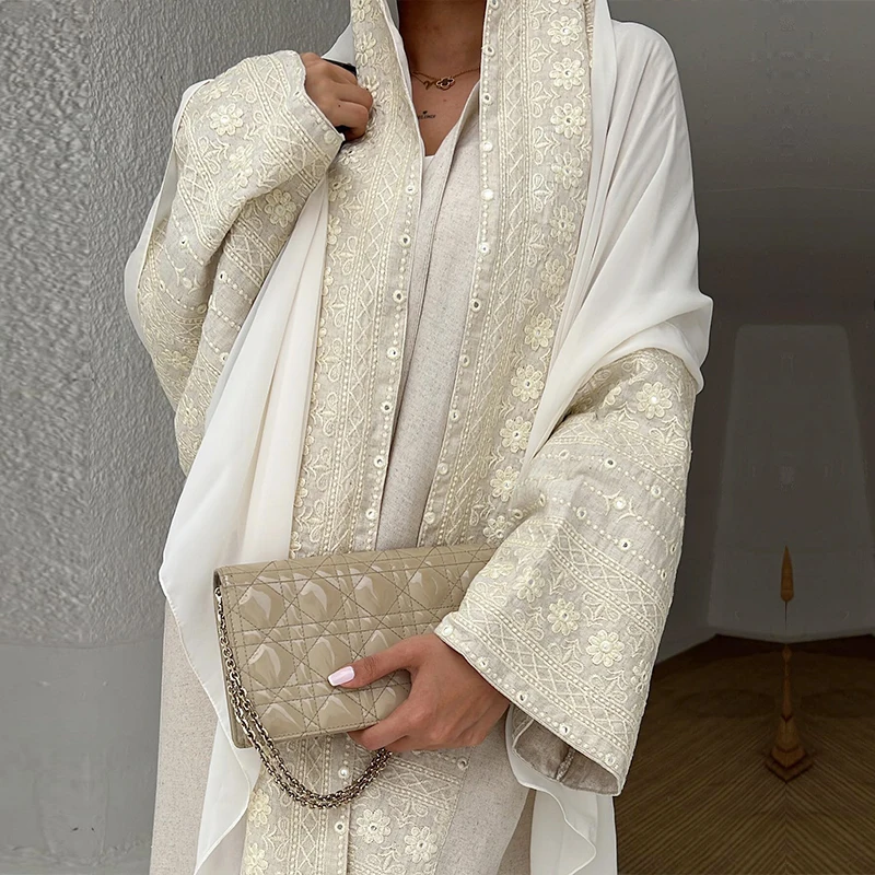 Custom linen open trending abayas 2 pieces embroidered hijab attached abaya islamic linen clothing for women