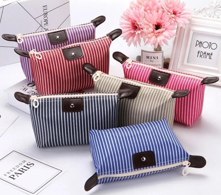 Cheap PU Leather Travel Bag Women Fold Organizer Stripe Promotion Cosmetic Bag Toiletry Pouch Portable MakeUp Female Wash Case