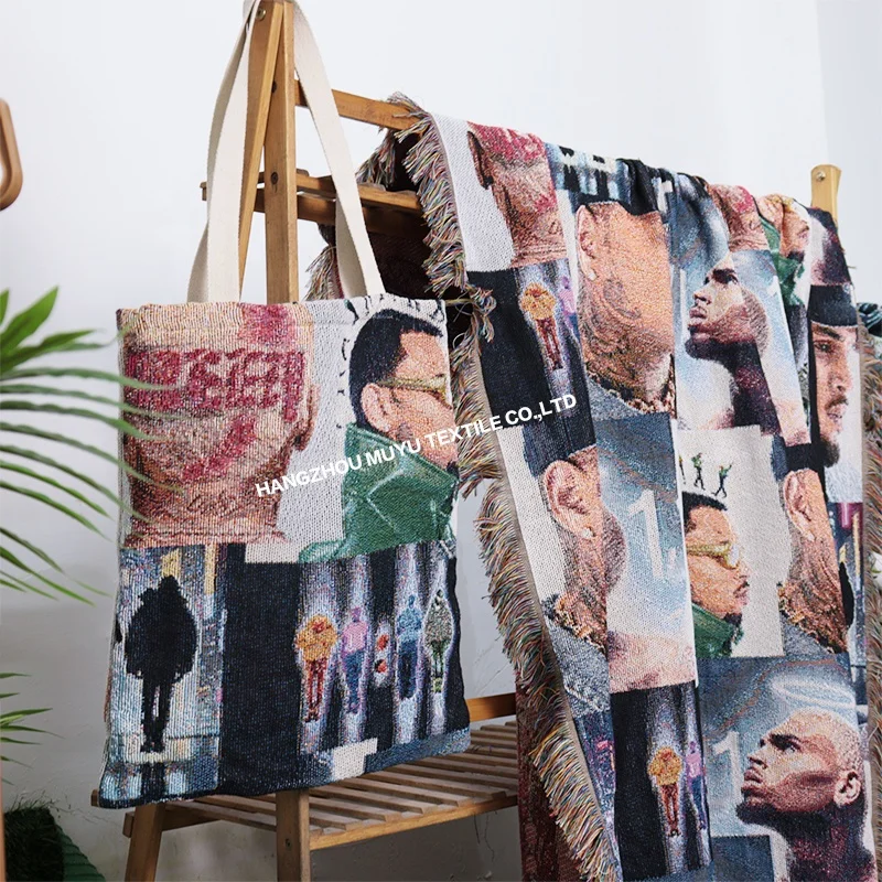 Quickly customize rappers Chris brown Logo Patterntapestry canvas bag Custom jacquard woven shopping bag