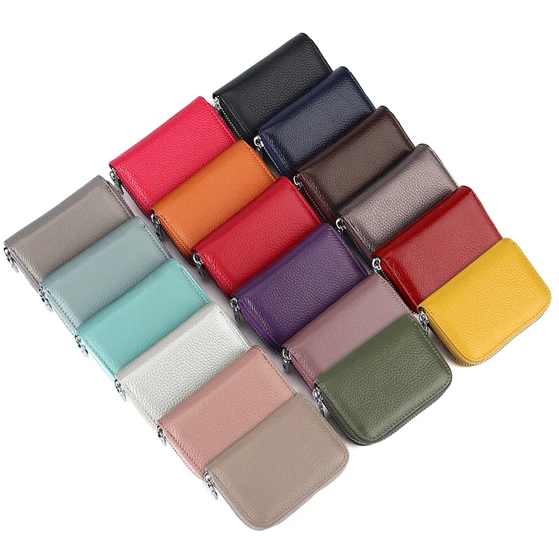 RFID Blocking First Layer Genuine Leather Credit Card Holder Small Functional Compact Wallet Card Bag Coin Purse