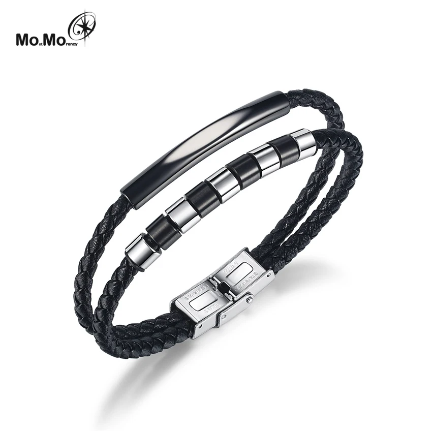 High Quality Fashion Stainless Steel Leather Black Overbearing Charm Bracelet For Men