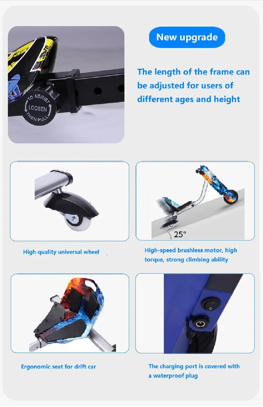 Crazy drift cart for kids 8 inch motor e-scooter 3 wheel speed electric drift kart lithium battery drive drift trike