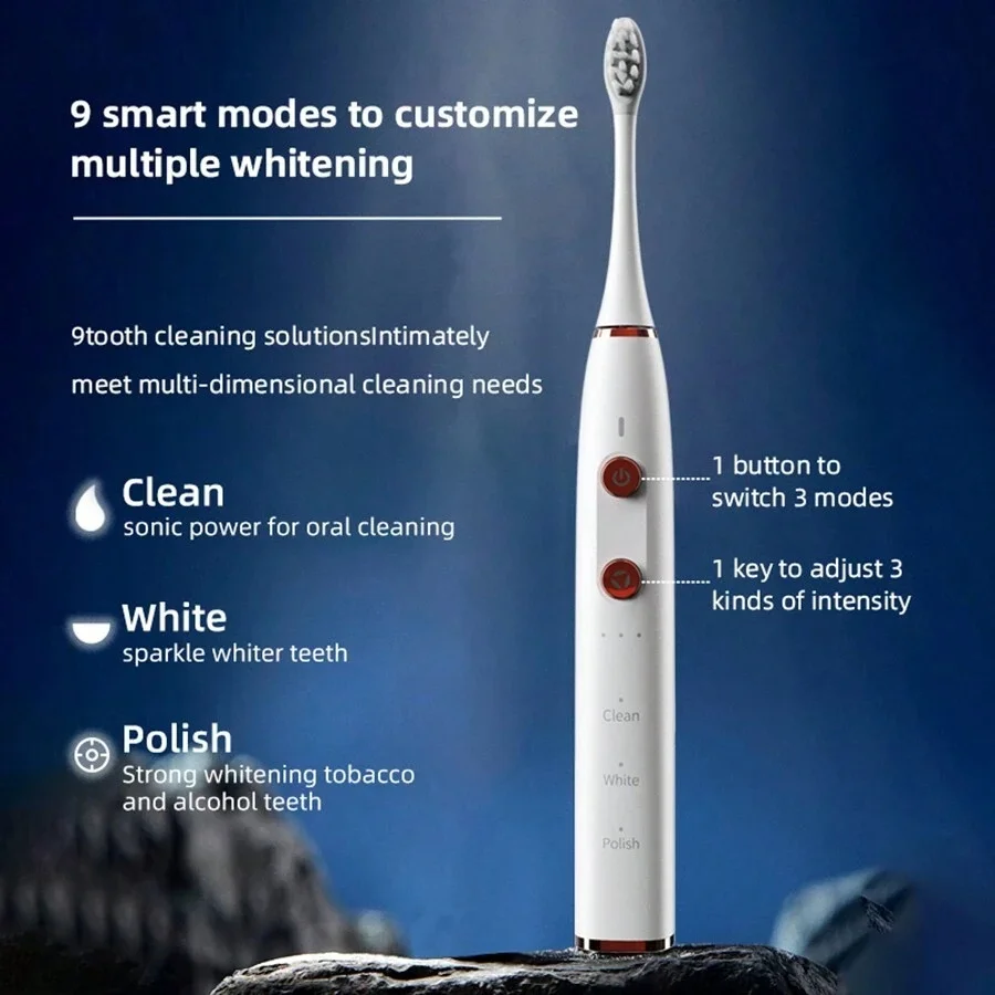 9 Smart Modes 60 Days Long Lasting Wireless IPX7 Automatic Ultrasonic Electrical Toothbrush for Adult Home Use