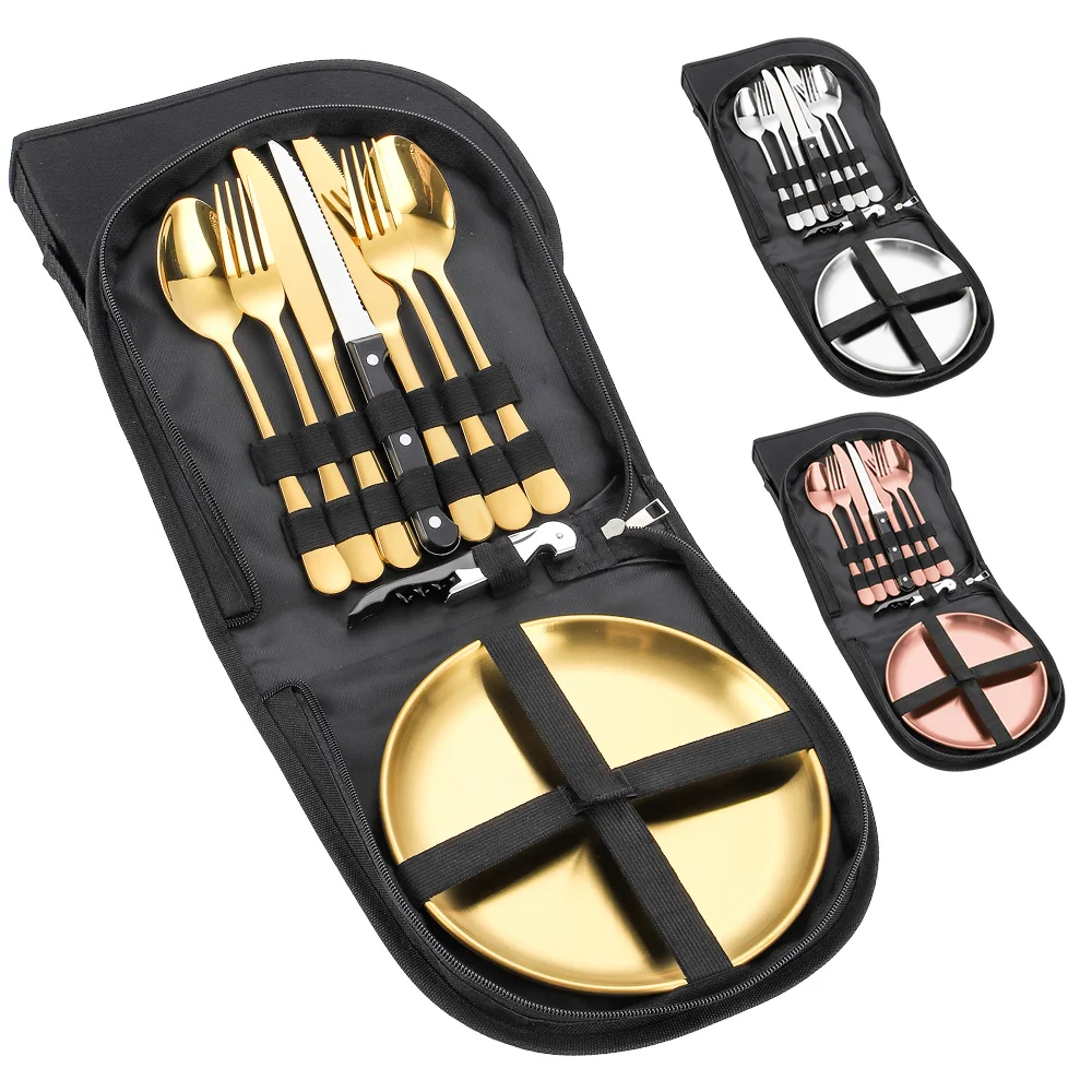 Portable Picnic Camping Cutlery Metal Gold Stainless Steel Tableware Travel Cutlery Set With Opener Plate