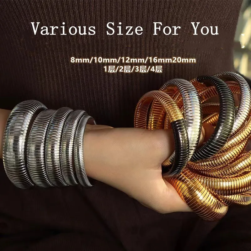 PDANY Vintage 18k Gold Plated Texture Elastic Bracelet Bangle Women Punk Stainless Steel Snake Bone Chain Stretch Bracelets