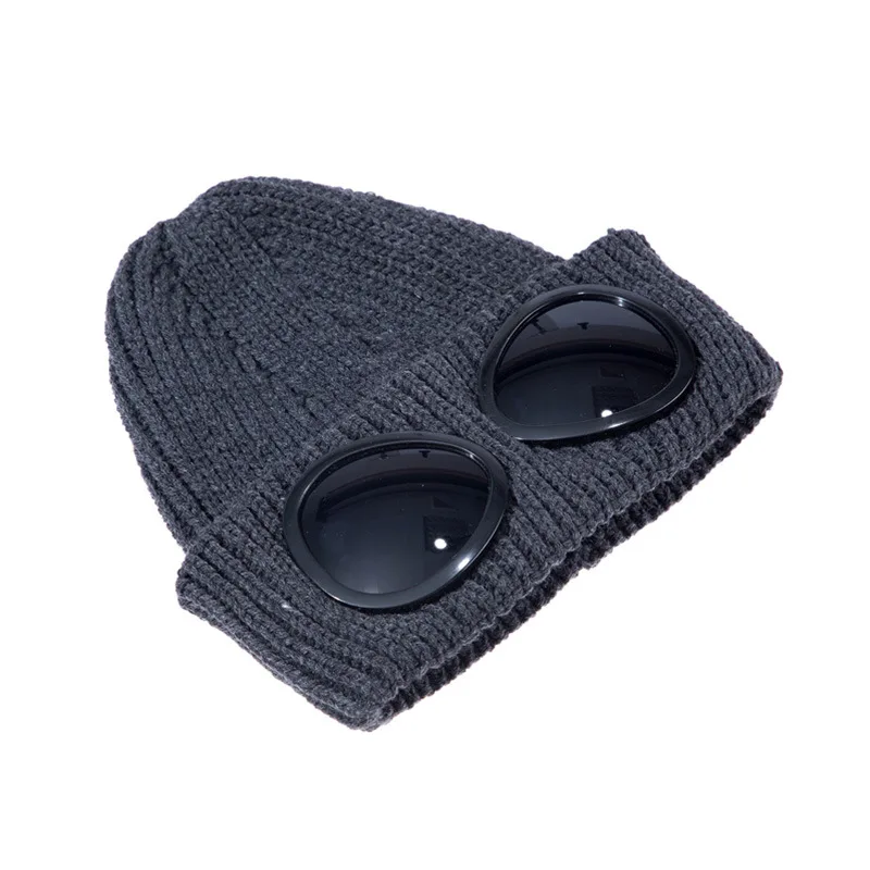 Autumn Winter Fashion Trendy Glasses Pilot Sunglasses Knitted Hat Cuffed Ski Skull Beanies Cap With Sunglass