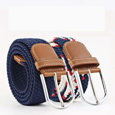 
Unisex Canvas Woven Leather Belts Wide Metal Buckle Elastic Stretch Waist Belt 