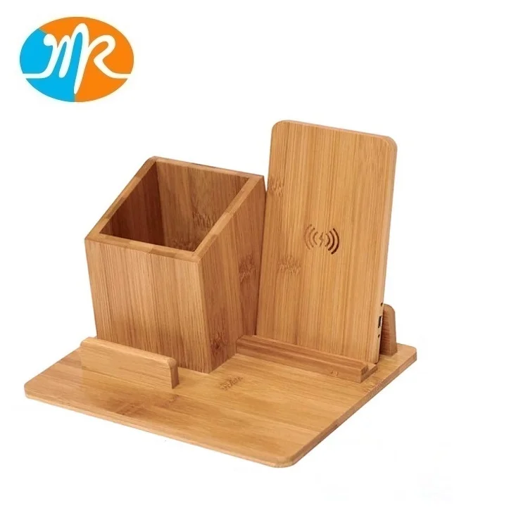 Бамбуковое Беспроводное зарядное устройство, настольный органайзер, подставка для беспроводной зарядки и держатель для ручек