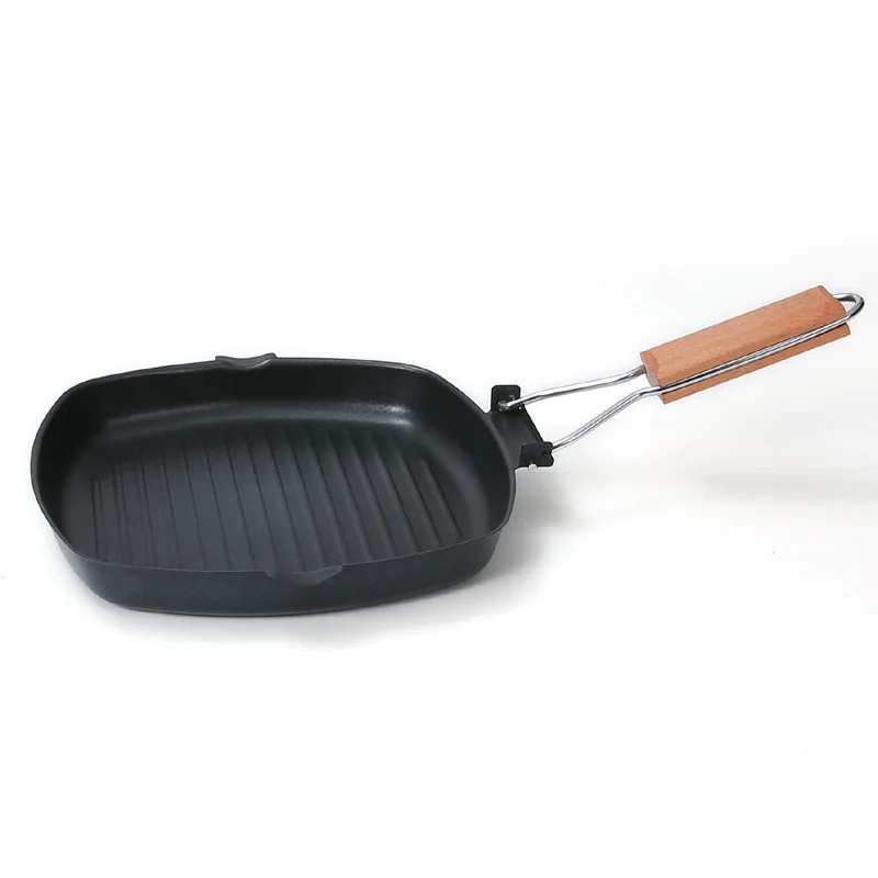 Bakeware Frying Pan Foldable Cast Iron Thickened Horizontal Stripes Saucepan With Wooden Handle