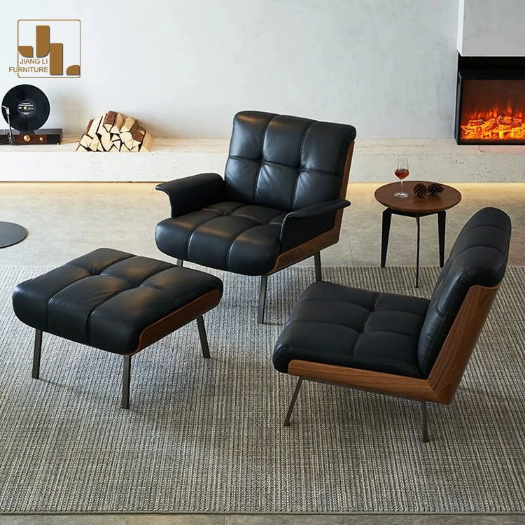 Nordic Walnut Color Wood Frame Leather Upholstered Lounge Chair Modern Living Room Hotel Luxury Accent Arm Chair Furniture