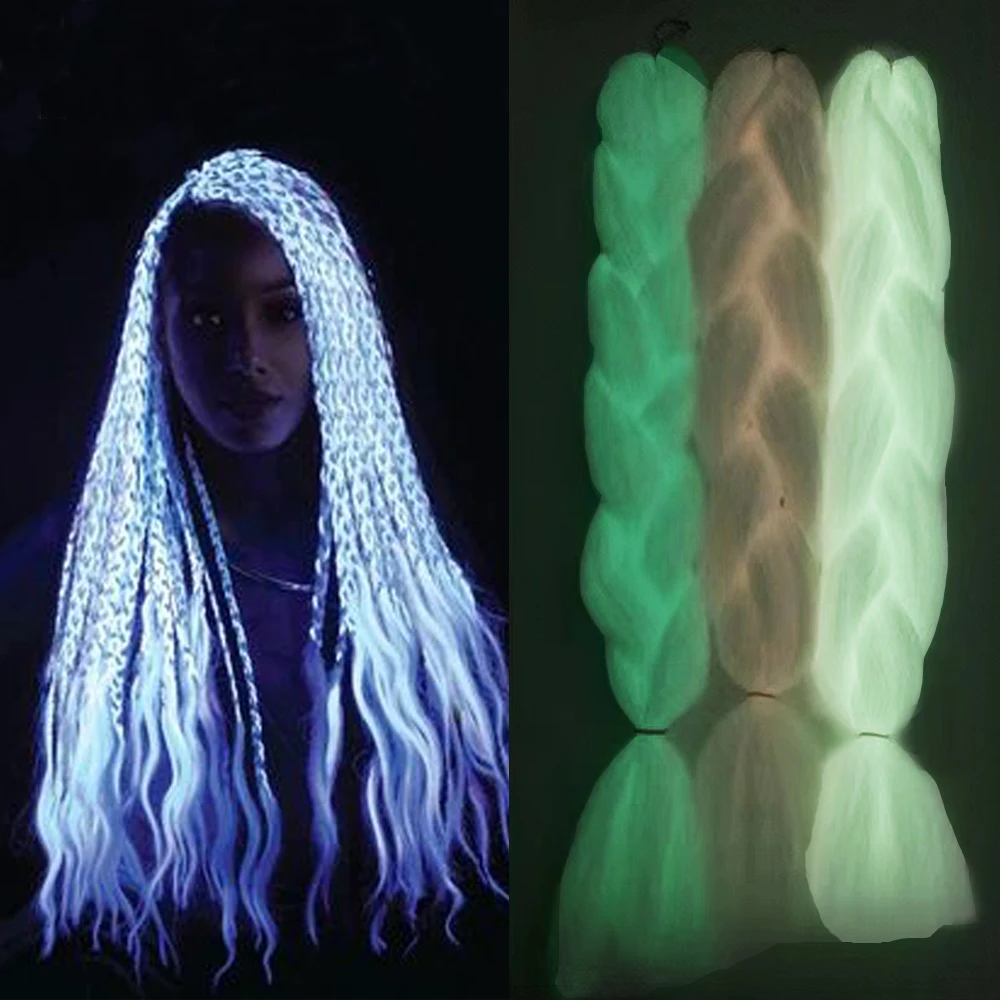 Оптовая продажа красочные синтетические вязаные волосы светящиеся гигантские плетеные в темноте для наращивания