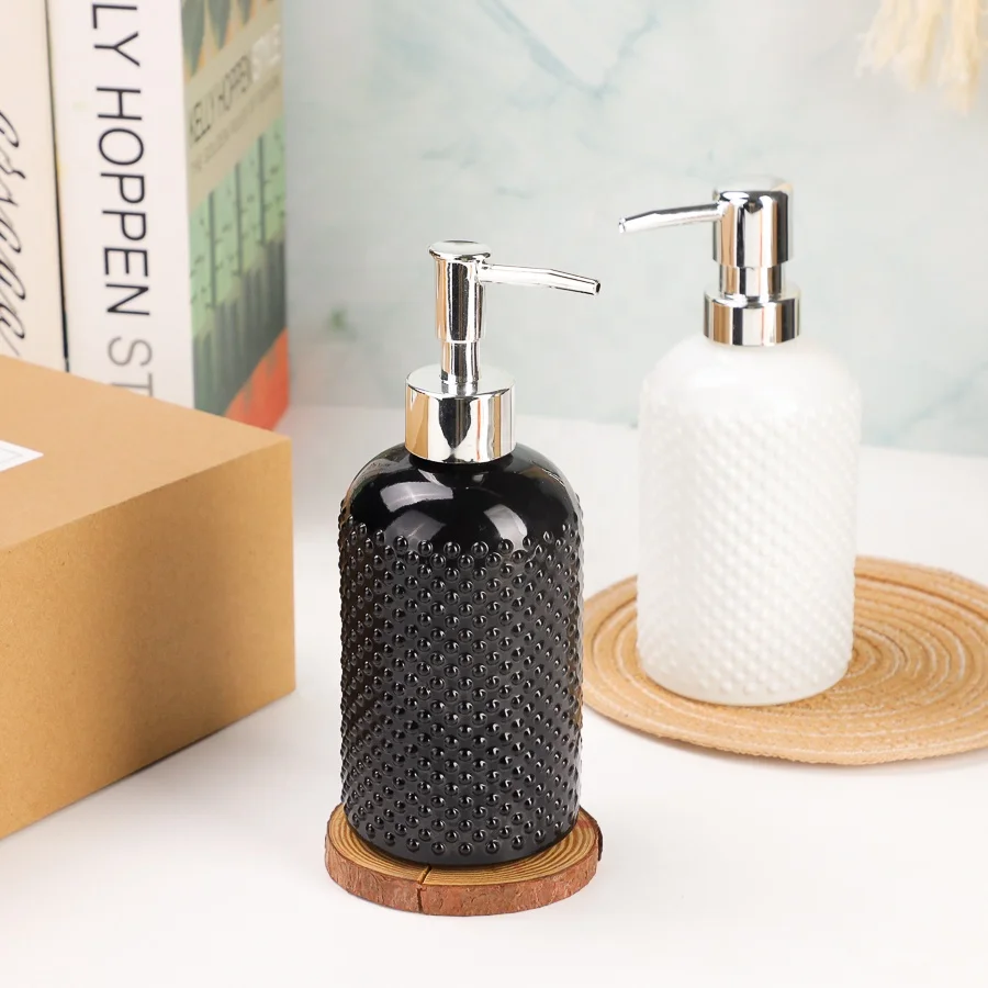 Bubble Design 400ml White Black Blue Color Glass Bottle With 28mm Silver Pump Refillable Lotion Bottle